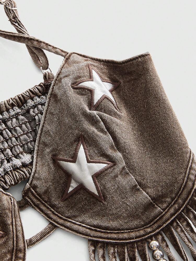 ROMWE Grunge Punk Y2K Sexy Millennium Retro Music Festival Tassel Star Applique Denim Suspender Top Party Dark Grey Summer - Brown - View 4