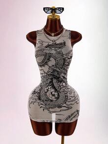 Amplova Women's Printed Sheer Fitted Bodycon Mini Dress - Black - View 3