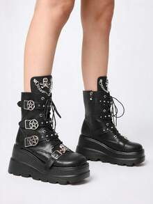 ROMWE Grunge Punk Women Heeled Sandals Punk Style Dark PU Riveted Platform Riding Boots Women Small Height Goth Metal Handsome Locomotive Boots Babes Fried Street Small Boots - Black - View 4
