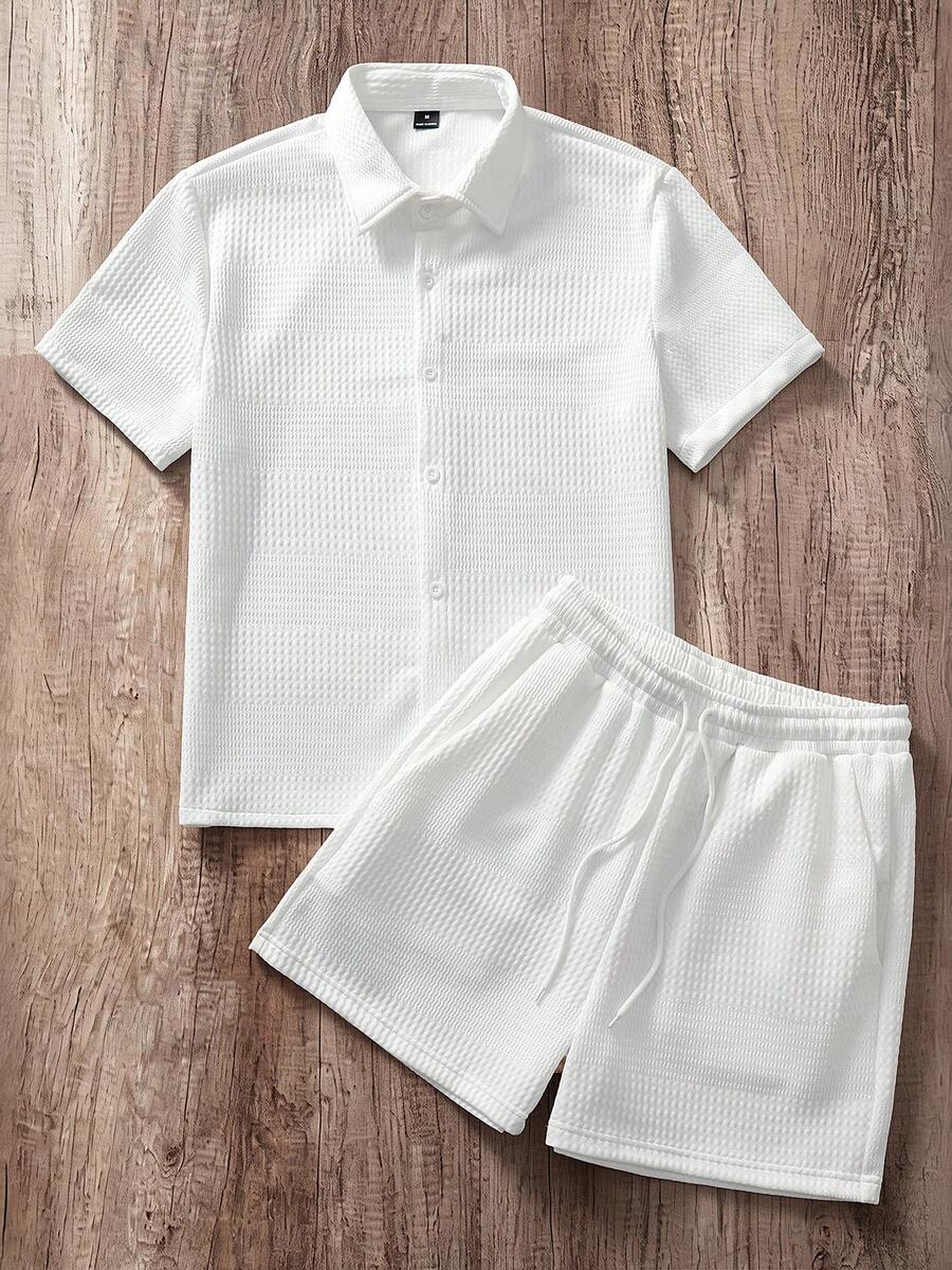 Manfinity Joysei Men's Fashion Single-Breasted Short Sleeve Shirt And Drawstring Waist Pocket Shorts Set - White - View 1