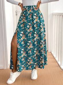 SHEIN PETITE CURVE 大尺碼黑色波西米亞花卉印花長裙，復古風，適合度假、音樂節、海灘旅行，送給媽媽的禮物，四季皆宜 - 彩色 - 查看 5