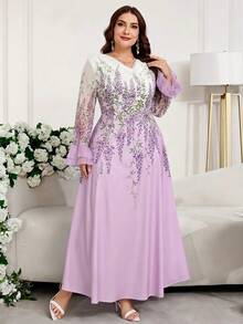 Reflora Robe élégante à col en V et manches cloche avec imprimé floral pour femmes grandes tailles - Multicolore - Voir 1