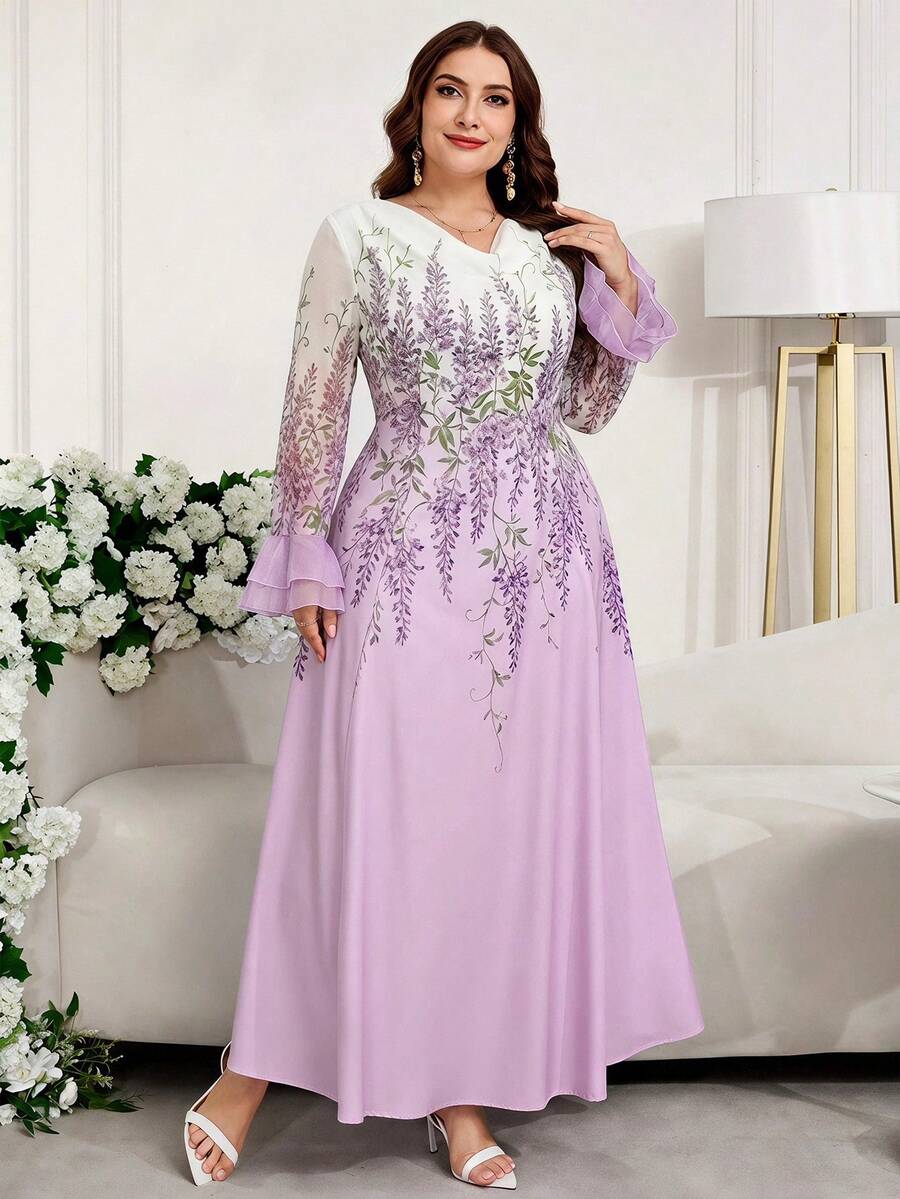 Reflora Robe élégante à col en V et manches cloche avec imprimé floral pour femmes grandes tailles - Multicolore - Voir 1