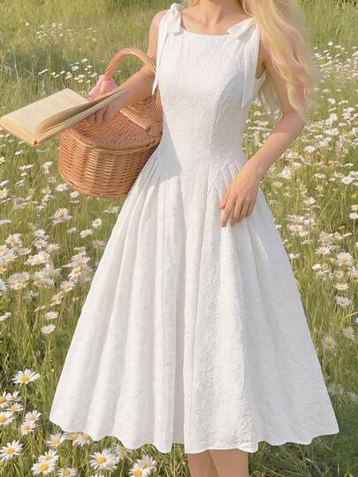 SHEIN Tween Girls Spring/Summer Elegant Fashion Versatile Daily Woven Jacquard Cinched Waist Patchwork Bow Sleeveless Long Dress, Suitable For Ceremonies, Parties, All Occasions, New Girls Dress, Birthday Party, Graduation Season, White Dress