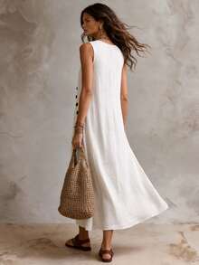 Solivie Women's Solid Color Button Design V-Neck Pocket Casual Sleeveless Long Dress Vacation All White Summer - White - View 3