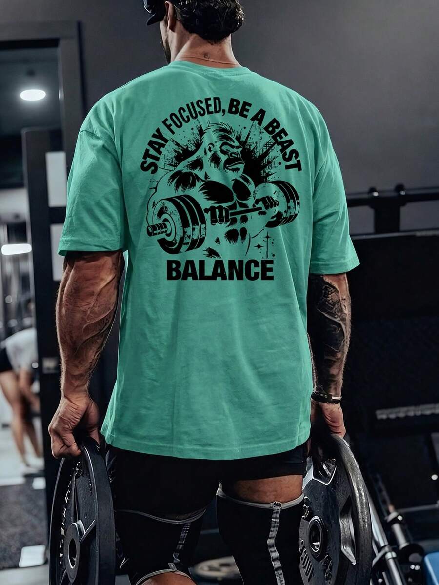 GymBeat 男士字母印花休閒百搭日常運動T恤 - 薄荷綠 - 查看 1