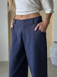 Brooke Lily Plain Casual Straight Leg Trousers With Pockets, Low-Rise - Navy Blue - View 6