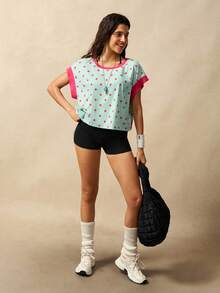 VARSIVA Women's Fashion Polka Dot Print Colorblock Crew Neck Sports T-Shirt - Multicolor - View 5