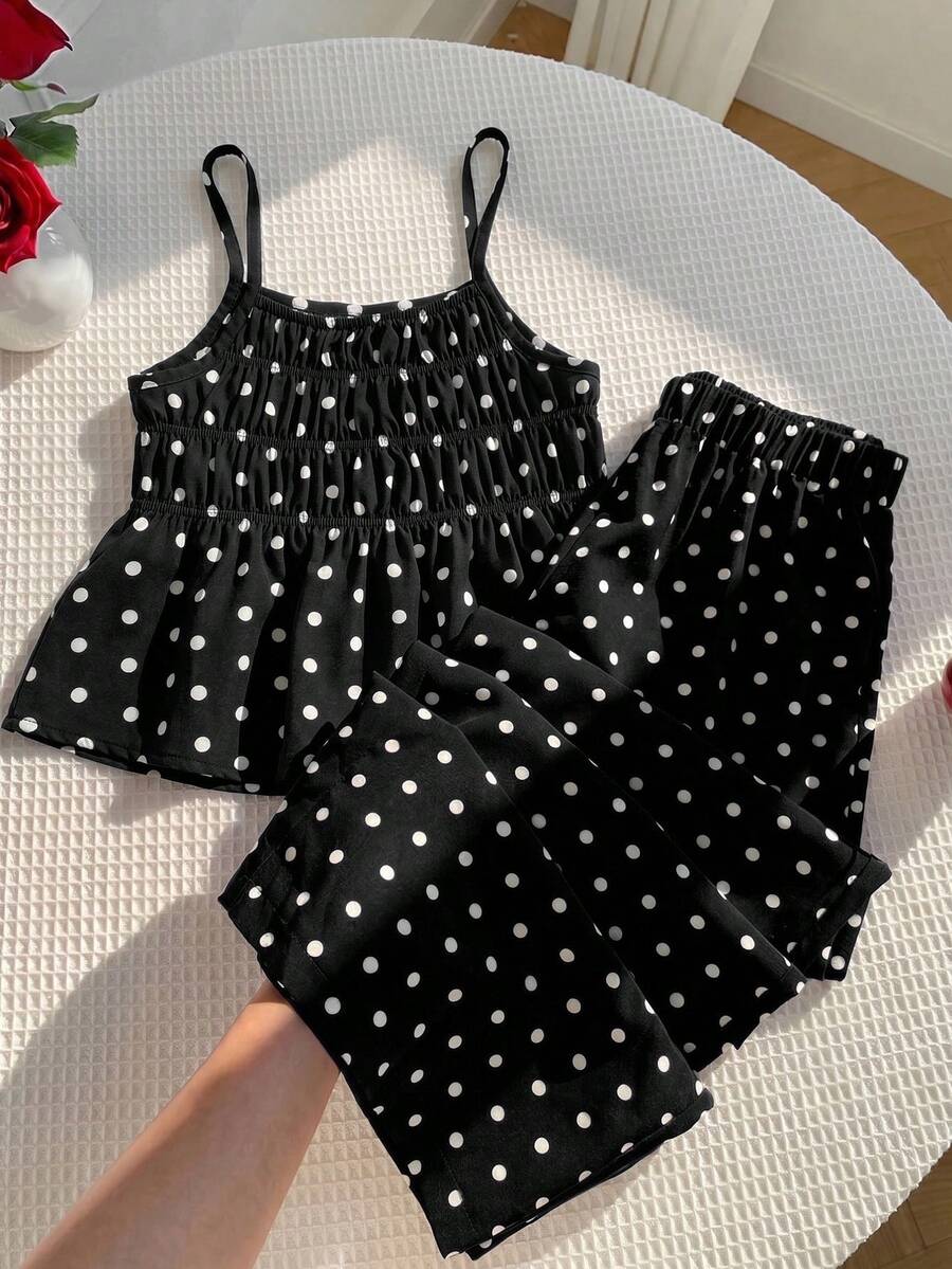 SHEIN LMoss Kids 女童編織波點細肩帶上衣與長褲兩件套 - 黑色 - 查看 1