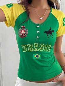 SHEIN T-shirt à manches courtes rayé style vintage européen et américain Y2K, convient aux filles et aux adolescentes - Vert - Voir 4