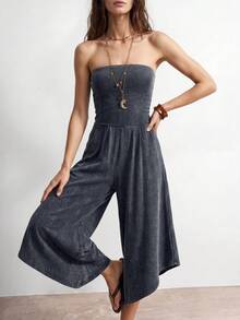 Bohemela Damen Lässig einfarbiger Strick Bandeau-Top & Weite Bein Jumpsuit - Schwarz - Übersicht 3