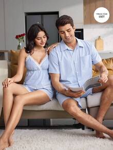 CoupledUp Cute Solid Color Casual Woven Striped Square Neck Short Sleeve Button-Up Shorts Men's Loungewear Set - Blue - View 6