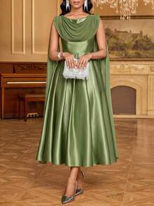 Fleurora Women's Solid Color Ruffled Neck Pleated Casual Party Mid-Length Dress, Summer,Dresses For Women Summer - Olive Green - View 4