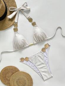 Swim Basics 純色掛脖綁帶女款泳衣套裝，腰部金屬飾邊設計，優雅度假風 - 白色 - 查看 5