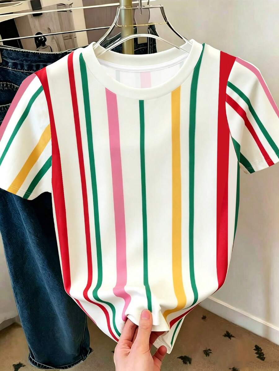 Resyla 女款標準版型T恤,多色垂直條紋印花圖案,夏季出遊上衣,圖形設計,高級質感,休閒百搭,日常穿著,戶外、購物、旅行戶外穿搭 - 彩色 - 查看 1