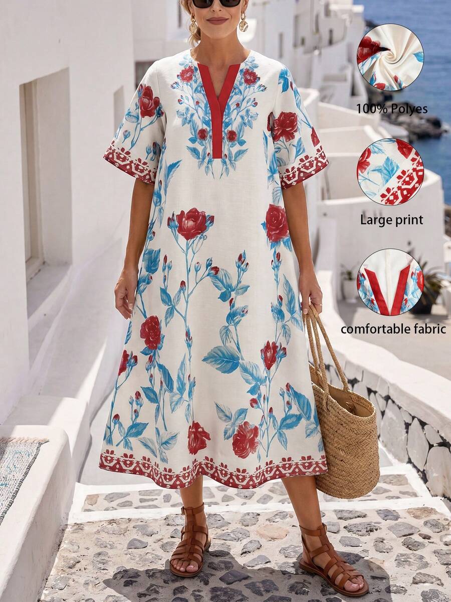 SHEIN Holidaya 女款短袖鏤空V領花卉印花洋裝 - 彩色 - 查看 1