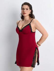 Slumbrini 1件加大码女式蕾丝边蝴蝶结开衩装饰吊带睡裙，圣诞节，哞哞睡衣 - 紅色 - 查看 7