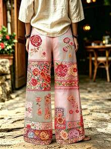 Selamara 波希米亞風花卉仿刺繡拼接粉色寬腿長褲，森林田園風夏季度假休閒長褲 - 彩色 - 查看 2