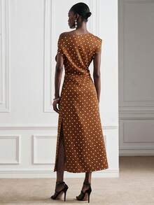 Aveloria Modichic Elegant High-End Party Luxury Asymmetric Shoulder Ruched Waist Design Brown And White Polka Dot Print Women's Padded Sleeveless Long Dress Summer - Coffee - View 2