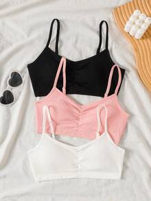 SHEIN 兒童少女 3件組 白色粉色黑色 簡約基礎舒適 抓皺加墊抹胸內衣套裝，女童內衣，四季適用 - 彩色 - 查看 3