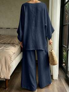 DAZY Women's Loose-Fitting White Two Pieces Set For Spring And Summer. - Navy Blue - View 2