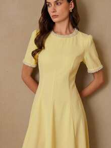 BELROSIE Women's Dress Waist-Cinching A-Line Pearl Beaded Round Neck Cuffs Princess Line Large Swing Elegant Vintage Old Money White And Gold Dinner Summer - Yellow - View 5
