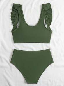 Swim Basics 两件套女士夏季沙滩优雅度假纯色荷叶边吊带褶皱前片上衣和高腰褶皱三角裤套装 - 橄欖綠 - 查看 7