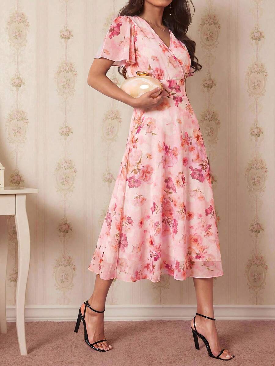 Amorya 女款V領花卉印花優雅收腰中長洋裝，適合約會與派對