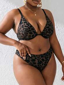 Slaydiva Conjunto de Bikini Talla Grande con Estampado de Leopardo, Sujetador y Braguita Triangular - Multicolor - Ver 6
