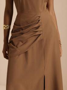 Vesra Women's Summer Elegant Solid Color Sleeveless Midi Dress - Brown - View 6