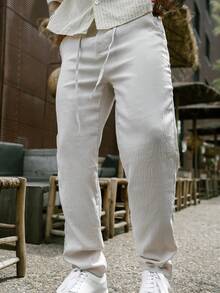 Artur Kramer Pantalones lisos con cordón en la cintura, pantalones largos entallados de lino, lisos y frescos para salir, otoño - Albaricoque - Ver 6