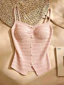 SHEIN Franclia Canotta da donna in stile francese casual ed elegante, in tessuto morbido con texture e traforato, top canotta da donna primavera/estate, canotta elegante da donna, canotta da donna, abbigliamento estivo da donna, canotta slim fit da donna, canotta in pizzo - Rosa Baby - Visualizzare 1