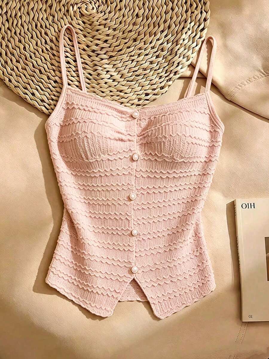 SHEIN Franclia Canotta da donna in stile francese casual ed elegante, in tessuto morbido con texture e traforato, top canotta da donna primavera/estate, canotta elegante da donna, canotta da donna, abbigliamento estivo da donna, canotta slim fit da donna, canotta in pizzo - Rosa Baby - Visualizzare 1