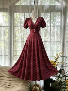 Celisse Women's Fashion Versatile Polka Dot Print Criss-Cross Pleated Button Dress - Burgundy - View 4