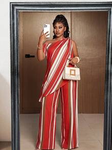 Maweii Plus Size Women's Spring/Summer New Casual Elegant Vacation Red One-Shoulder Asymmetrical Hem Top Shirt Waist-Cinching Straight Leg Pants 2-Piece Set - Multicolor - View 1