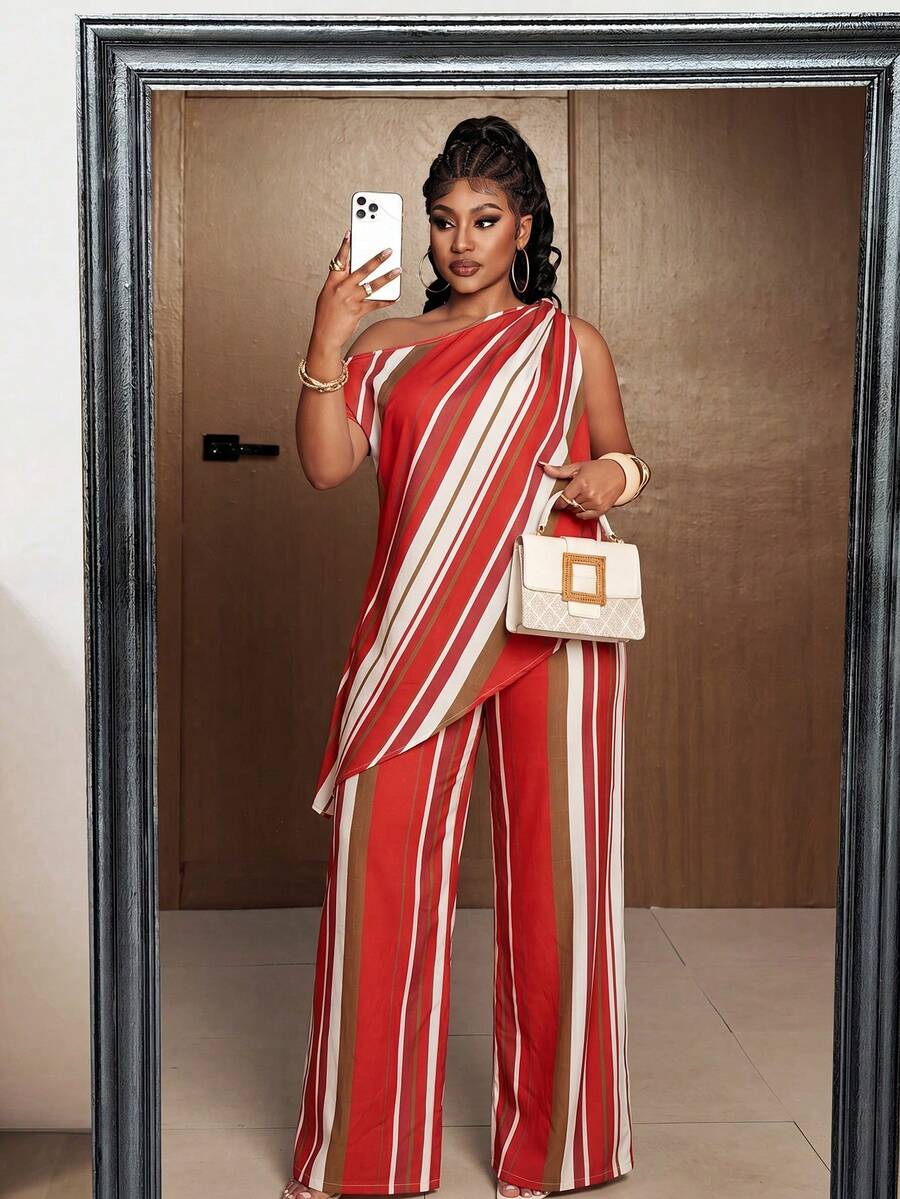 Maweii Plus Size Women's Spring/Summer New Casual Elegant Vacation Red One-Shoulder Asymmetrical Hem Top Shirt Waist-Cinching Straight Leg Pants 2-Piece Set - Multicolor - View 1