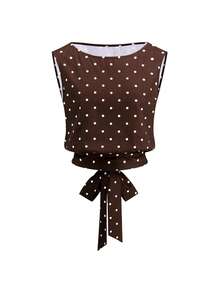 Gownix Sleeveless Tie-Waist Top And A-Line Brown And White Polka Dot Print Set, Comfortable And Easy To Wear Garden Party Summer Elegant - Mocha Brown - View 8