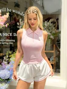 SHEIN Sovereign Charm Casual Sporty Versatile Baby Pink Polo Shirt With Half-Zip Front, Mesh Back Panel, Slim Fit, Flattering Design Tennis Golf Summer - Pink - View 4