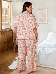 Serenescape Plus Size Floral Print Short Sleeve & Long Pants Pajama Set With Ruffle Trim - Pink - View 2