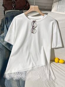 Comfortcana Plus Size Asymmetrical Hem Lace Loose T-Shirt Date Night Evening Birthday All White Summer Elegant Frenchy - White - View 1
