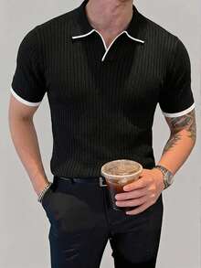 DAZY Black Commuter Contrast White Trim Polo Collar Men's Knit Top Summer - Black - View 8