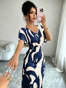 Elenzga 女款時尚印花V領短袖腰部抓皺貼身洋裝，浪漫優雅休閒通勤約會派對聚會春夏季 - 彩色 - 查看 7