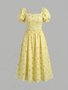 SHEIN Girlism Teen Girl Spring & Summer White Base Cherry Blossom Print Puff Sleeve Chest Ruched Waist Ruched A-Line Midi Dress, Elegant Floral, Luxurious Holiday - Yellow - View 2