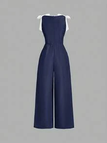 SHEIN Girlism Teen Girl Jumpsuit And Romper, Round Neck Sleeveless Navy Blue Jumpsuit, Contrast Trim, Bow Decor, Waist-Cinching Design, A-Line Skirt Hem - Vintage Court Style, Exuding Old Money Vibe, Suitable For Work, Back To School, Party, Holiday And Birthday Occasions. - Navy Blue - View 2