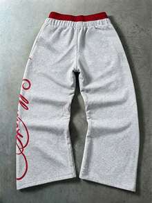 PAVTROS Men's Double Waistband Contrast Color Letter Print Pocket Drawstring Sweatpants - Grey - View 2
