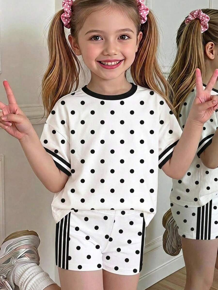 少女休閒簡約運動風黑白條紋波點圖案新款休閒印花T恤與修身短褲兩件套,適合日常穿著、春夏季、運動季、返校 - 彩色 - 查看 1