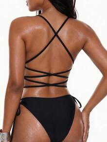 Oceva Women's Rhinestone Embellished Deep V Techno One-Piece Swimsuit Beach Club Rave Black Summer Sexy - Black - View 2