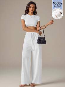 SHEIN Tall Women's Minimalist White Drawstring Waist Pocket Loose Woven Trousers - White - View 6