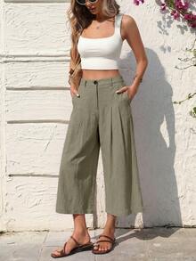 SHEIN Holidaya Women's Casual Vacation Linen Capri Pants, Casual, Beach Vacation, Home, Linen Olive Green Summer - Army Green - View 5