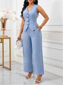 SHEIN Lady 女款時尚百搭素色單排扣背心與寬鬆口袋休閒長褲 2件套 - 淺藍色 - 查看 7